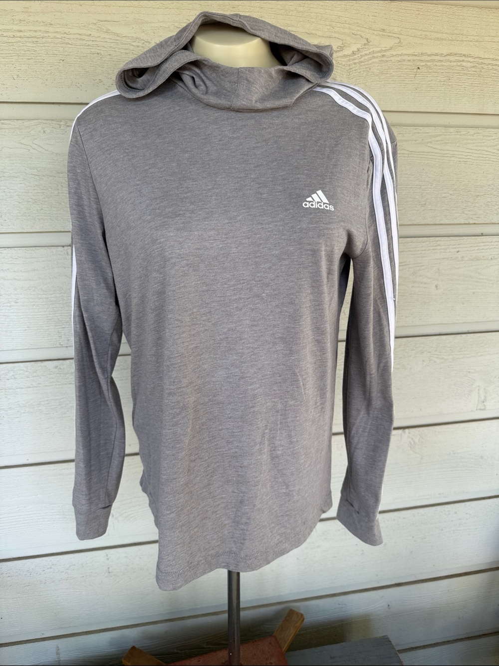 adidas Gray Hooded Long-Sleeve Shirt with White Shoulder Stripes